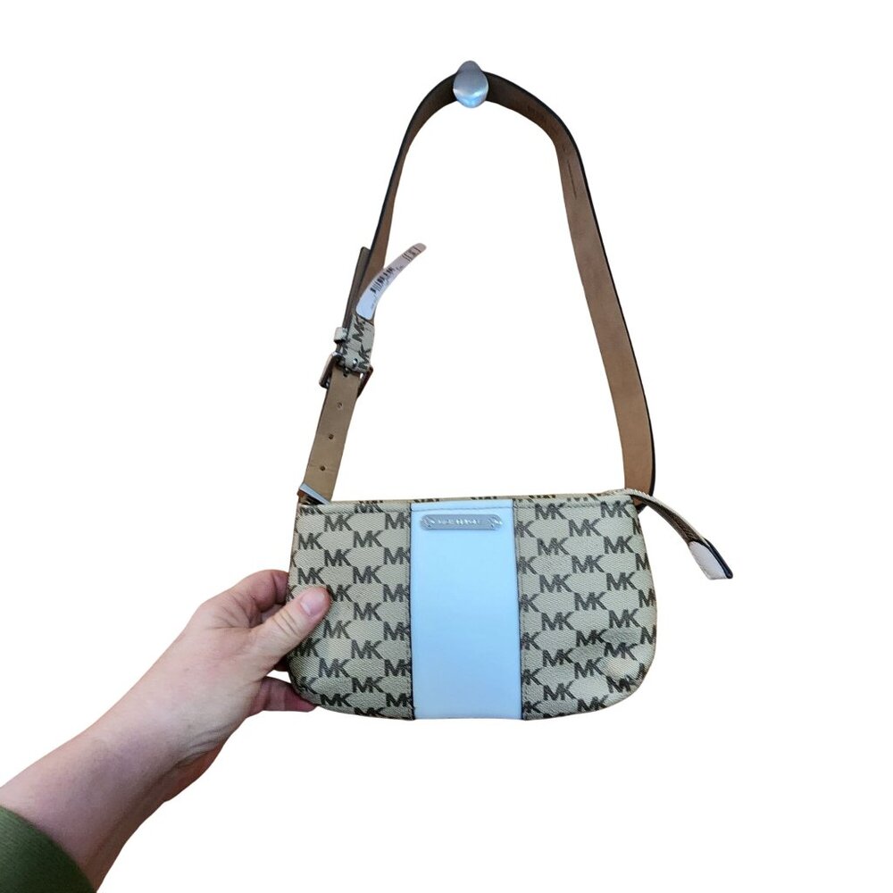 Michael Kors Beige & White Belt Bag With Adjustable Strap & MK Logo Pattern